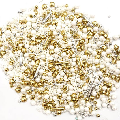 Weraru White Deluxe Gold Sprinkles Candy Mixing Size Baking Edible Cake Decorations Cupcake Toppers Cookie Decorating Celebrations Wedding Shower Party Chirstmas Supplies 130g/ 4.58oz