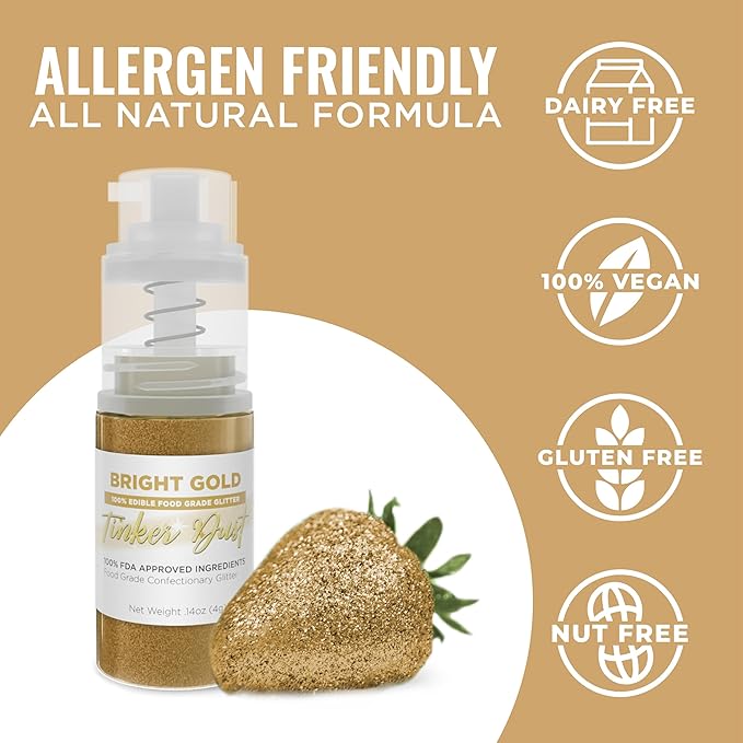 Bakell - Bright Gold Tinker Dust (4g, 1x Mini Spray Pump) Edible Glitter for Food, Desserts, and Beverages!