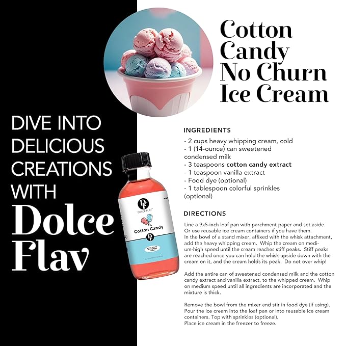 Dolce Flav Cotton Candy Extract 2 oz – Kosher, Sugar-Free, Concentrated Carnival-Style Flavoring for Baking, Frostings & Drinks, Includes Measured Dropper