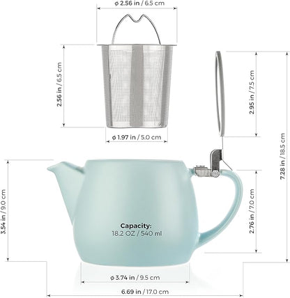 Tealyra - Pluto Porcelain Small Teapot Turquoise - 18.2-ounce (1-2 cups) - Matte Finish - Stainless Steel Lid and Extra-Fine Infuser To Brew Loose Leaf Tea - 540ml