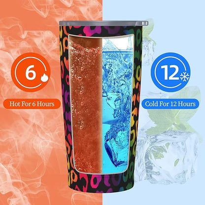 Leopard Print Tumbler with Lid and Straw 20oz Coffee Tumblers Leakproof Stainless Steel Travel Mug Vacuum Insulated Cup for Iced and Hot