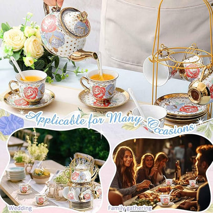 Zhehao 20 Pcs Porcelain Tea Set with Metal Holder and Spoon Adult Ceramic Tea Party Set European Flower Painting Teapot Cup Saucer Spoon Set for Women, Large Version(Romantic Style)