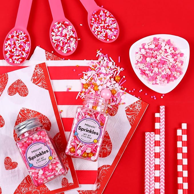 Edible Pink Sprinkle, Valentines Sprinkles Dessert Decorating, Confetti Sprinkle, Pearl Sprinkle, Pink Jimmies Sprinkle for Cake, Cupcake, Chocolate, Macaron, Waffle and Ice Cream(120g/4.23oz)