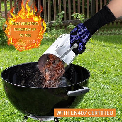 BBQ Fireproof Gloves, Grill Cut-Resistant Gloves 1472°F Heat Resistant Gloves, Non-Slip Silicone Oven Gloves, Kitchen Safe Cooking Gloves for Oven Mitts,Barbecue,Cooking, Frying,13.5 Inch-Blue