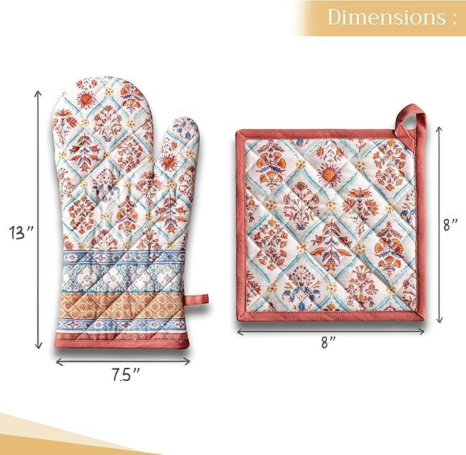 Maison d' Hermine 100% Cotton Oven Mitt & Pot Holder Set (7.5"x13" & 8"x8") Heat Resistant BBQ Cooking Gloves with Loop, Baking, Grilling, Kitchen, Handling Hot Pans (Romane)