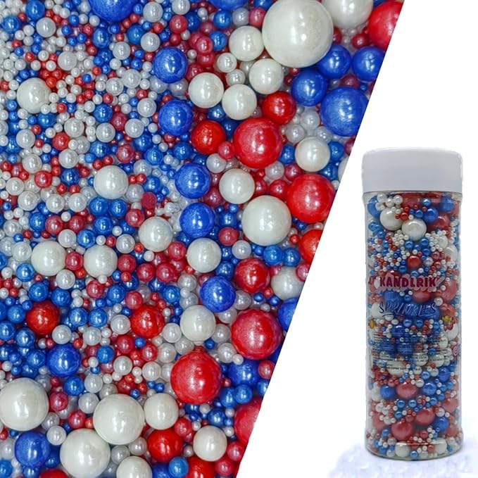 Edible Red & Blue & White Sugar Pearls Sprinkles Candy Mix Size Pearls Cake Decorations Cupcake Toppers Decorating Perfect for Wedding Party Valentine Christmas Supplies 4.58OZ