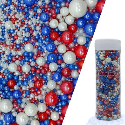 Edible Red & Blue & White Sugar Pearls Sprinkles Candy Mix Size Pearls Cake Decorations Cupcake Toppers Decorating Perfect for Wedding Party Valentine Christmas Supplies 4.58OZ