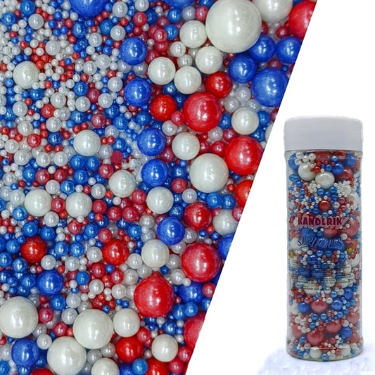 Edible Red & Blue & White Sugar Pearls Sprinkles Candy Mix Size Pearls Cake Decorations Cupcake Toppers Decorating Perfect for Wedding Party Valentine Christmas Supplies 4.58OZ