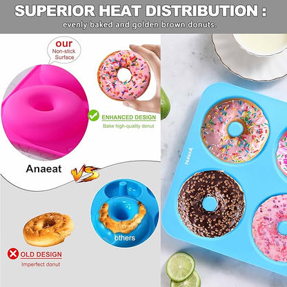 Anaeat Full Size Donut Baking Pans 3 Pack, Big Size 4 Inch Silicone Baking Mold, Just Pop Out! Non Stick 6-Cavity Doughnut Trays for Bagels Donuts Cake Biscuit - BPA Free & Dishwasher Safe (3 colors)