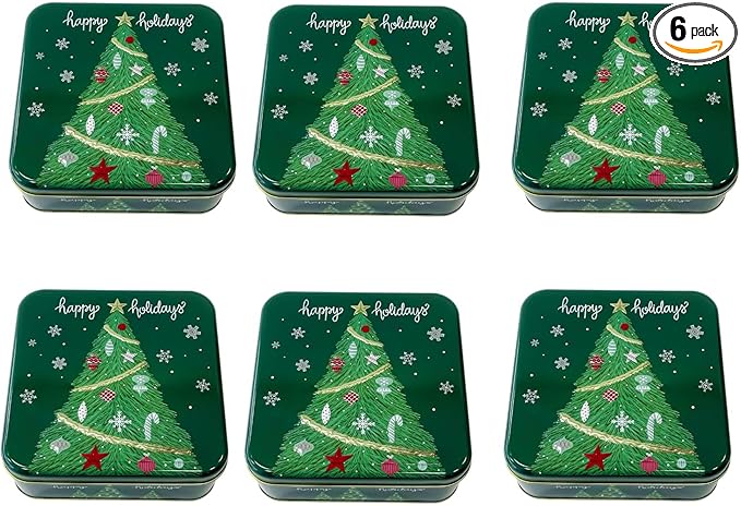 Metal Christmas Cookie Tins with Lids, 6 Pack Green Square Holiday Storage Containers, Durable & Stylish Storage Solution For Gift Giving, Cake, Candy & More