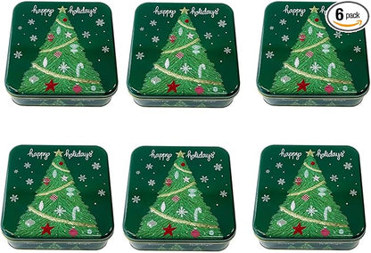 Metal Christmas Cookie Tins with Lids, 6 Pack Green Square Holiday Storage Containers, Durable & Stylish Storage Solution For Gift Giving, Cake, Candy & More