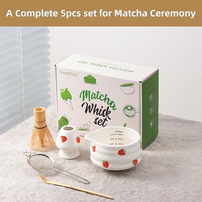 5pcs Premium Matcha Set,Ceramic Bowl with Spout and Bamboo Whisk set, Ceremonical Matcha Kit for breakfast/latte,Tea Starter Making Kit,Unique Matcha Gift set (strawberry)