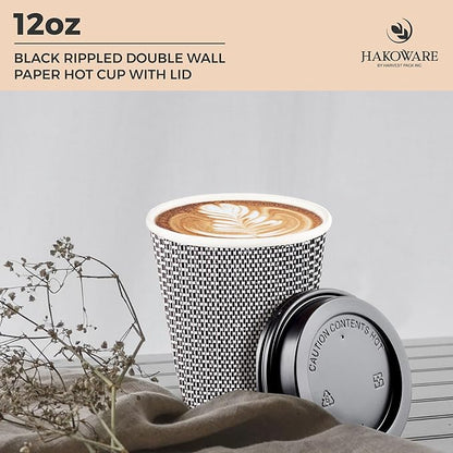 [100 SET]Harvest Pack 12 oz Disposable Coffee Cups, Insulated Ripple Double-Walled Paper Cups with Lids, Black and White Geometric, Drinking Cups for Tea Hot Chocolate Drinks To go coffee cups