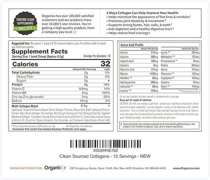 Organixx Collagen Peptides Powder with Vitamin C, Types I, II, III, V, X Hydrolyzed Collagen, Hair, Nail, Skin, Bone & Joint Health, Aging Support, Clean Sourced, Gluten Free, Unflavored, 15 Servings
