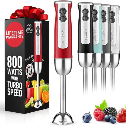 Zulay Immersion Stick Mixer Hand Blender - 800 Watts, Turbo Mode, 5-ft Power Electric Cord, Handheld Portable, Stainless Steel Blades - For Effortless Blending Smoothie, Soup, Baby Food, Puree - Red