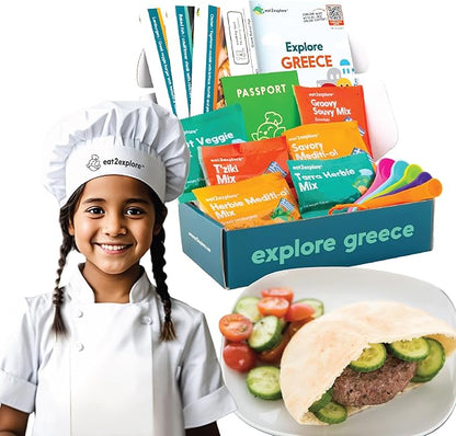 eat2explore Cooking Kits for Kids – Interactive & Educational Kids Cooking Sets Real for Ages 5 and Up,3 Recipe Cards & Global Ingredients – Fun Gift for Young Chefs (Greece Edition)