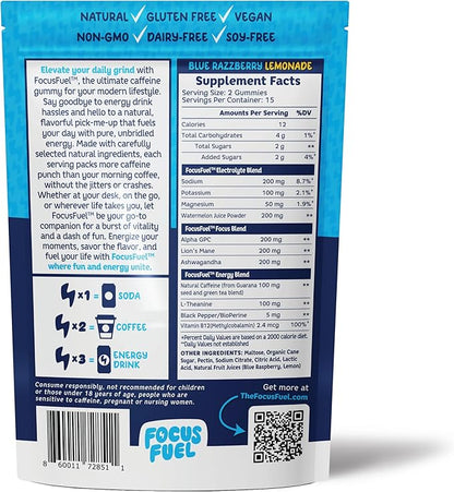 FocusFuel Energy Chews – Blue Razzberry Lemonade (15 Servings) – 100mg Caffeine + Alpha GPC + L-Theanine + B12, Magnesium – Great Taste – No Crash or Jitters