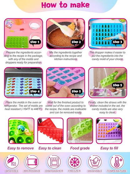 117Pcs Silicone Gummy Bear Molds Kit with 100 Wrappers, 5 Recipe Cards, 4 Droppers & 2 Brushes,Non-Stick Candy Mold for DIY Chocolate, Gummy Bears, Party Favors (Dinosaur, Bear, Fruits, Donut Shapes)