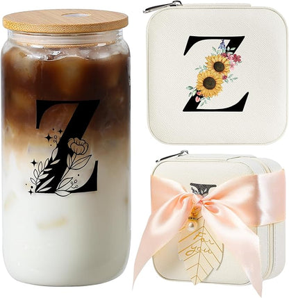 AYGXU Glass Cups with Lids and Straws, Tumblers with Brushes, Small Jewelry Organizer Box, Birthday and Travel Gifts for Women and Girls, High School Graduation Gift for Her, Initial Z White