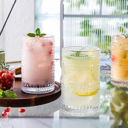 2 Pcs Iced Coffee Glasses Cups with Glass Lids and Straws,12 oz Thick Emboss Beaded Drinking Glass Cup Set,Latte Glasses,Ideal for Water,Soda,Gift - with Cleaning Brushe