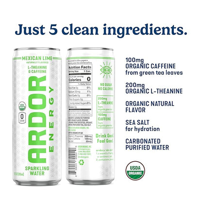 ARDOR ENERGY Sparkling Water with 100mg Natural Caffeine & 200mg L-Theanine from Organic Green Tea for Smooth Energy & Focus | Healthy Energy Drink | No Sugar, Zero Calories, Vegan, Gluten-Free | Tropical Variety (Pack of 12, 12oz cans)