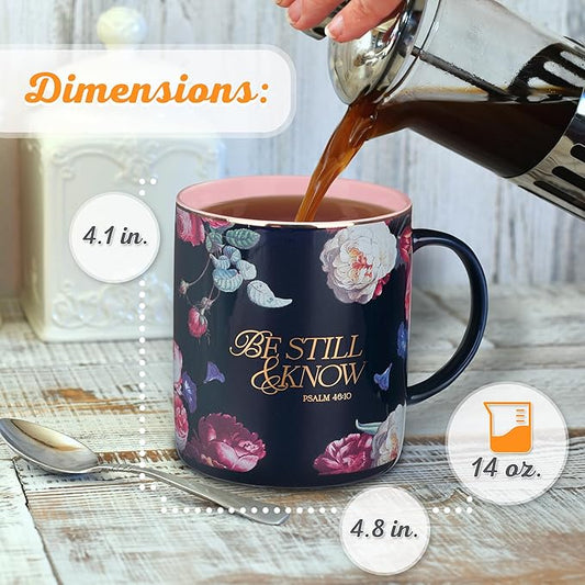 Christian Art Gifts Large Ceramic Inspirational Scripture Coffee & Tea Mug for Women: Be Still & Know Encouraging Gold Bible Verse, Lead/Cadmium Free Cute Drinkware, Dark Navy Blue/Pink Floral, 14 oz.