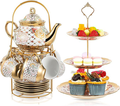 Maxcheck 21 Pcs Tea Party Set for Adults European Floral Tea Set with Metal Holder and 3 Tier Ceramic Cake Stand Porcelain Flower Cup Teapot for Dessert Cupcake(Stylish Style)
