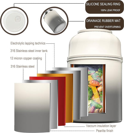 Soup Thermo for Hot Food & Drinks, Thermo Lunch Box for Kids, 17oz Vacuum Insulated Food Container with Spoon&&Drawstring Bag, Soup Therm for Adults,Black&White