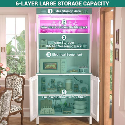 Aheaplus Bar Cabinet with Power Outlets, 67" Tall Wine Bar Cabinet Liquor Cabinet with LED Lights and Glass Holder, Coffee Bar Station for Living Room, Microwave Stand Bakers Rack Cabinet, White