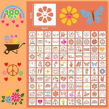 Fainne 100 Pcs Stencils for Painting on Wood Reusable Stencil Crafts Drawing Templates Holiday Wall Paper for DIY Scrapbook Home 2 x 2 Inch (Groovy Party)