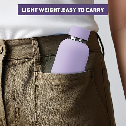 Small Water Bottle 12oz with Clip, Double Wall Stainless Steel Vacuum Small Insulated Water Bottle Keeps Drinks Cold 24 Hrs/Hot 12 Hrs for Kids Handbag School BPA Free (Purple)