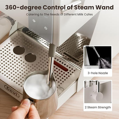 Gevi Espresso Machine with OPV, 20Bar Espresso Maker with Milk Frother Steam Wand, Dual Display, 58mm Portafilter, Stainless Steel Espresso Machines for Espresso/Latte/Cappuccino, White