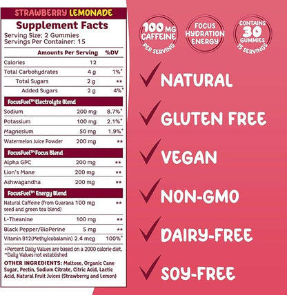 FocusFuel Energy Chews – Strawberry Lemonade Flavor (15 Servings) – 100mg Caffeine + Alpha GPC + L-Theanine + B12, Magnesium – Boost Focus & Energy – No Crash or Jitters
