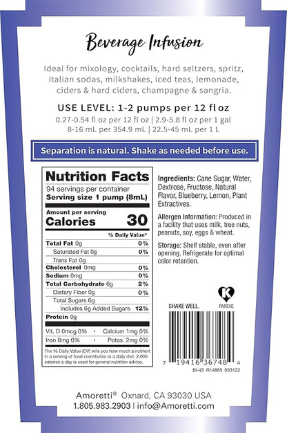 Amoretti - Blueberry Lemonade Beverage Infusion Drink Mix & Water Enhancer with Pump for Flavoring Cocktails, Waters, Teas, and other Beverages, 94 Servings Per Bottle (750 ml), Preservative Free