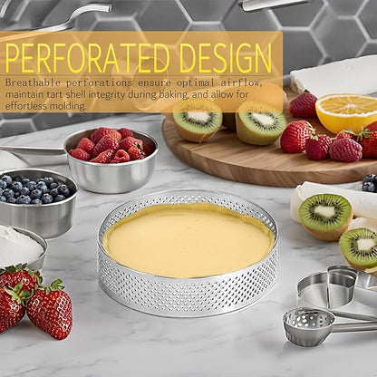 8Packs Perforated Tart Rings 4 Inch Stainless Steel Perforated Cake Rings, Round Tart Ring Molds for Cookies, fruit tarts, Prevent Soggy Crust & Even Baking