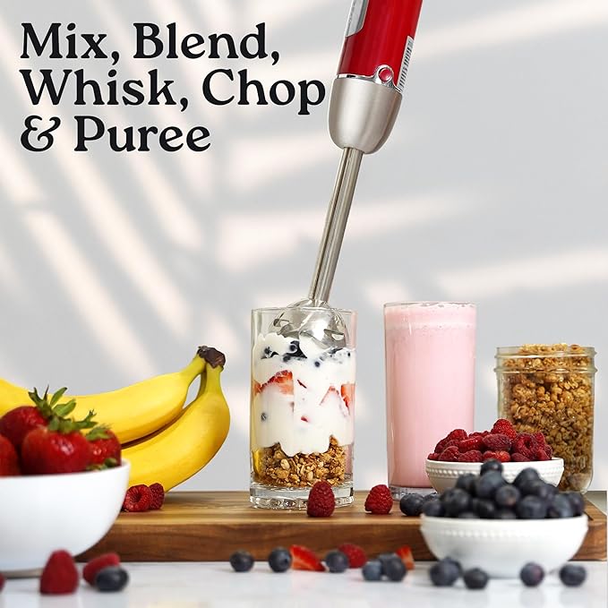 Zulay Immersion Stick Mixer Hand Blender - 800 Watts, Turbo Mode, 5-ft Power Electric Cord, Handheld Portable, Stainless Steel Blades - For Effortless Blending Smoothie, Soup, Baby Food, Puree - Red