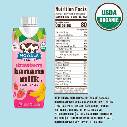 Mooala - Organic Strawberry Bananamilk, Lunchbox Friendly, Shelf-Stable, Non-Dairy, Nut-Free, Plant-Based Beverage, On the Go 12 Pack