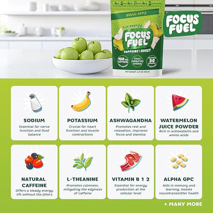 FocusFuel Energy Chews – Green Apple Flavor (15 Servings) – 100mg Caffeine + B12, Magnesium, Alpha GPC – Boost Focus & Energy – No Crash or Jitters