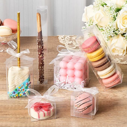 100pcs Clear Single Chocolate Covered Cookies Macaron Box for Wedding Favors Baby Shower 2.17"×2.17"×1.38" Inch, Party Favor Box with Ribbons for Candy Chocolate Mooncake