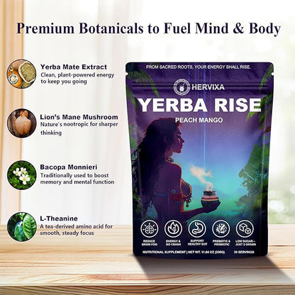 Yerba Mate Peach Mango Energy Tea Powder – Clean Plant-Based Focus Drink with Probiotics & Adaptogens – Low Sugar, No Crash, Smooth Taste – 30 Refreshing Servings