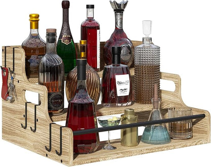 3-Tier Liquor Bottle Display Shelf, Bar Stand for Whiskey, Spirits, Coffee Syrup Rack Organizer, Countertop Wine Rack for Home, Mini Coffee Bar, Small Liquor Cabinet and Kitchen Light Brown