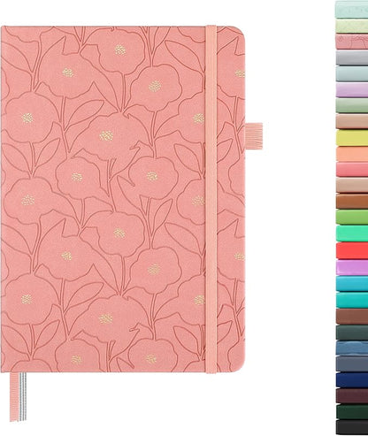 &And Per Se Dotted Journal Notebook for Women&Men with Pattern, A5 Leather Hardcover, 160 Pages 100GSM Thick Dotted Paper, 3 Sheets of Stickers Included(Peach Pink)