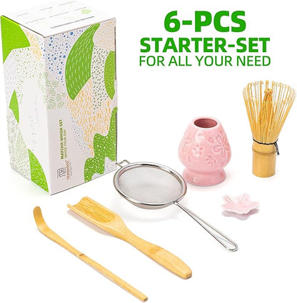 TEANAGOO Matcha Whisk Set,6-PCS Traditional Starter Set,100 Prongs Whisk with Pink Cherry Blossom Holder,Scoop(Chashaku),Bamboo Chasen,Tea Spoon,Ceremony Accessory