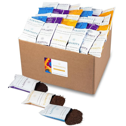 Sarasota Coffee Packs Bulk Ground Packets | Medium, Colombian, & Dark Roast Variety | Gourmet Assorted Sampler | Low Acid Mold Free Individual Pouches for 12 Cup Coffee Maker | 1.75 Oz Bags, 100 Count