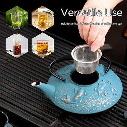 Cast Iron Teapot Set with 2 Tea Cups, Japanese Tea Kettle with Stainless Steel Infuser, Tea Pot Coated with Enameled Interior, Fish Pattern, 27oz 780ml Sky Blue