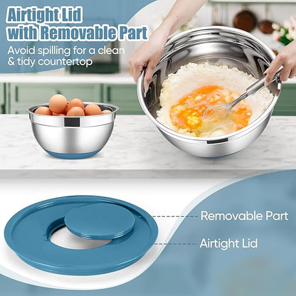 E-far Stainless Steel Mixing Bowls with Lids Set, 5-Piece Nesting Salad Bowls with 3 Grater Attachments and Non-Slip Bottoms, Size 4.6, 2.6, 2, 1.5, 1QT for Kitchen (Blue)