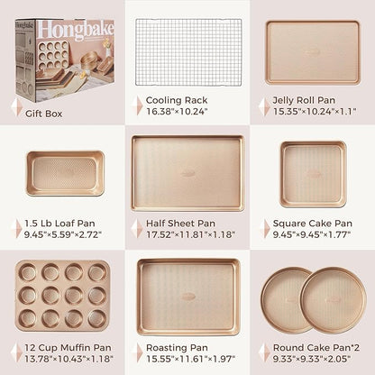 HONGBAKE 9-Piece Baking Pans Set Nonstick, Stackable Non Toxic Bakeware Sets with Diamond Texture, Oven Pan Set for Cooking, Includes Cookie Sheet with Rack, Cake Pan, Roasting Pan, Muffin Tin, Gold