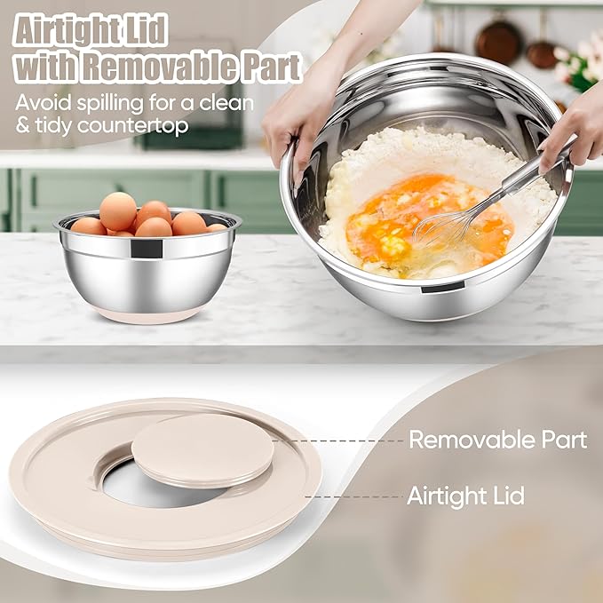 E-far Stainless Steel Mixing Bowls with Lids Set, 5-Piece Nesting Salad Bowls with 3 Grater Attachments and Non-Slip Bottoms, Size 4.6, 2.6, 2, 1.5, 1QT for Kitchen (Khaki)