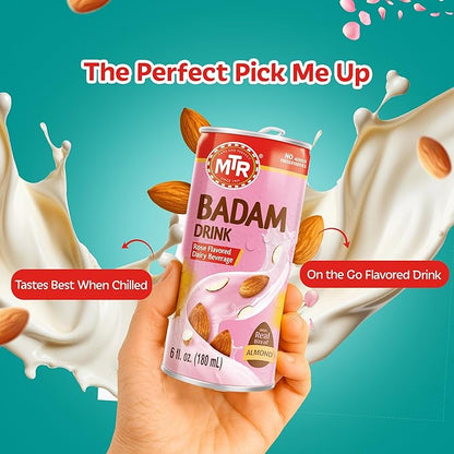 MTR Badam Drink - Rose Flavored, Ready-to-Drink - Authentic Indian Almond Milk Beverage, Real Bits of Almond, No Added Preservatives, Gluten-Free, Refreshing Drink, Perfect for Anytime Refreshment, Pack of 6
