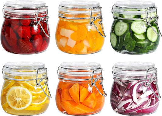ComSaf Airtight Glass Canister Set of 6 with Lids 17oz Food Storage Jar Round - Storage Container with Clear Preserving Seal Wire Clip Fastening for Kitchen Canning Cereal,Pasta,Sugar,Beans,Spice